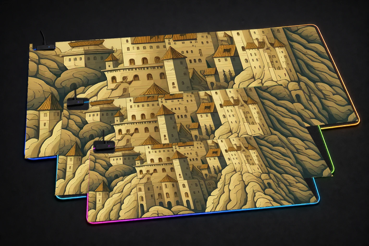 Enchanted Medieval Castle RGB Desk Mat three-size comparison