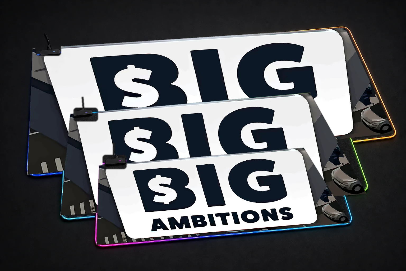 Big Ambitions Game RGB Desk Mat three-size comparison