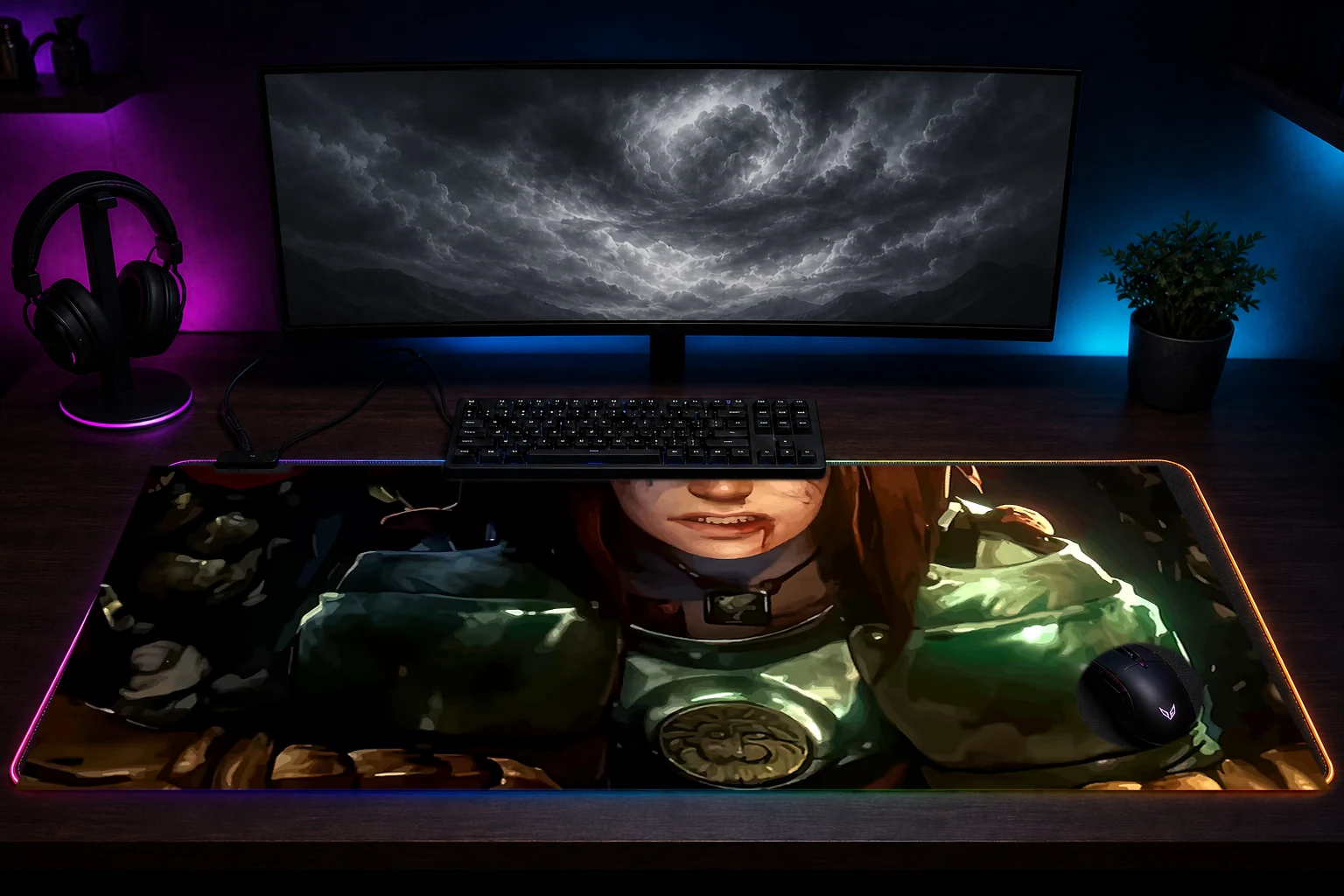 No Rest for the Wicked RGB Desk Mat immersive setup scene