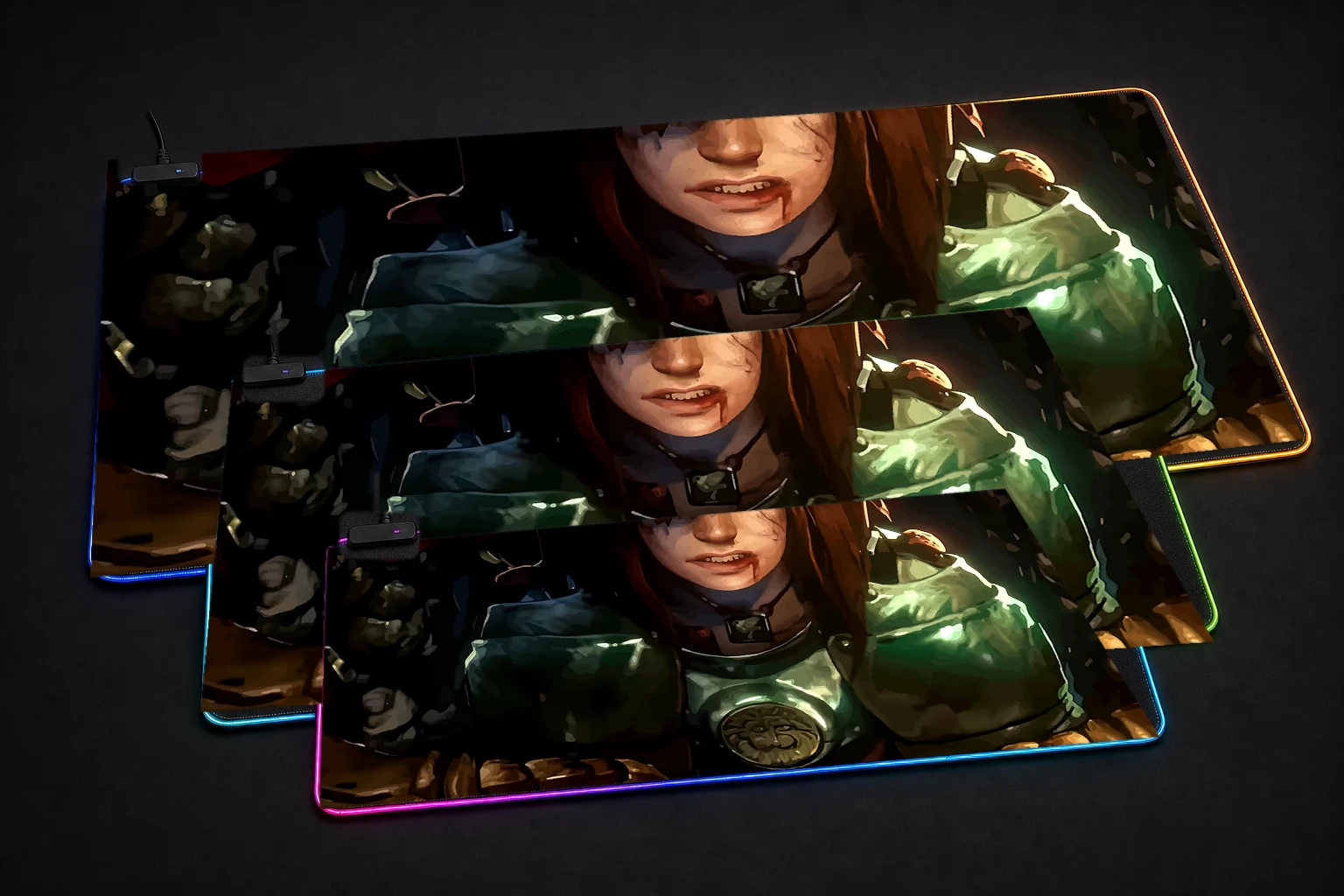 No Rest for the Wicked RGB Desk Mat three-size comparison
