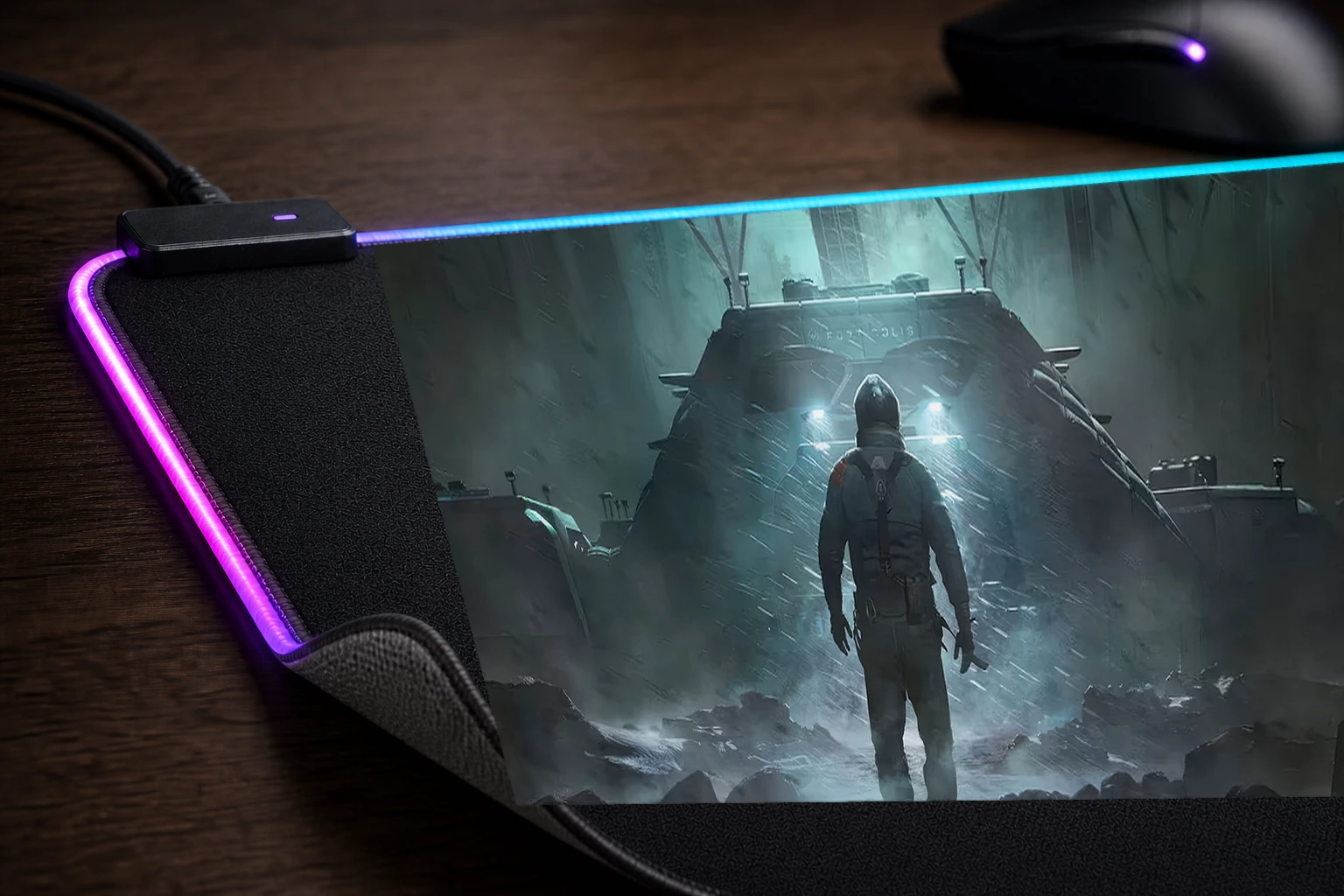 Fort Solis Game RGB Desk Mat controller and material detail