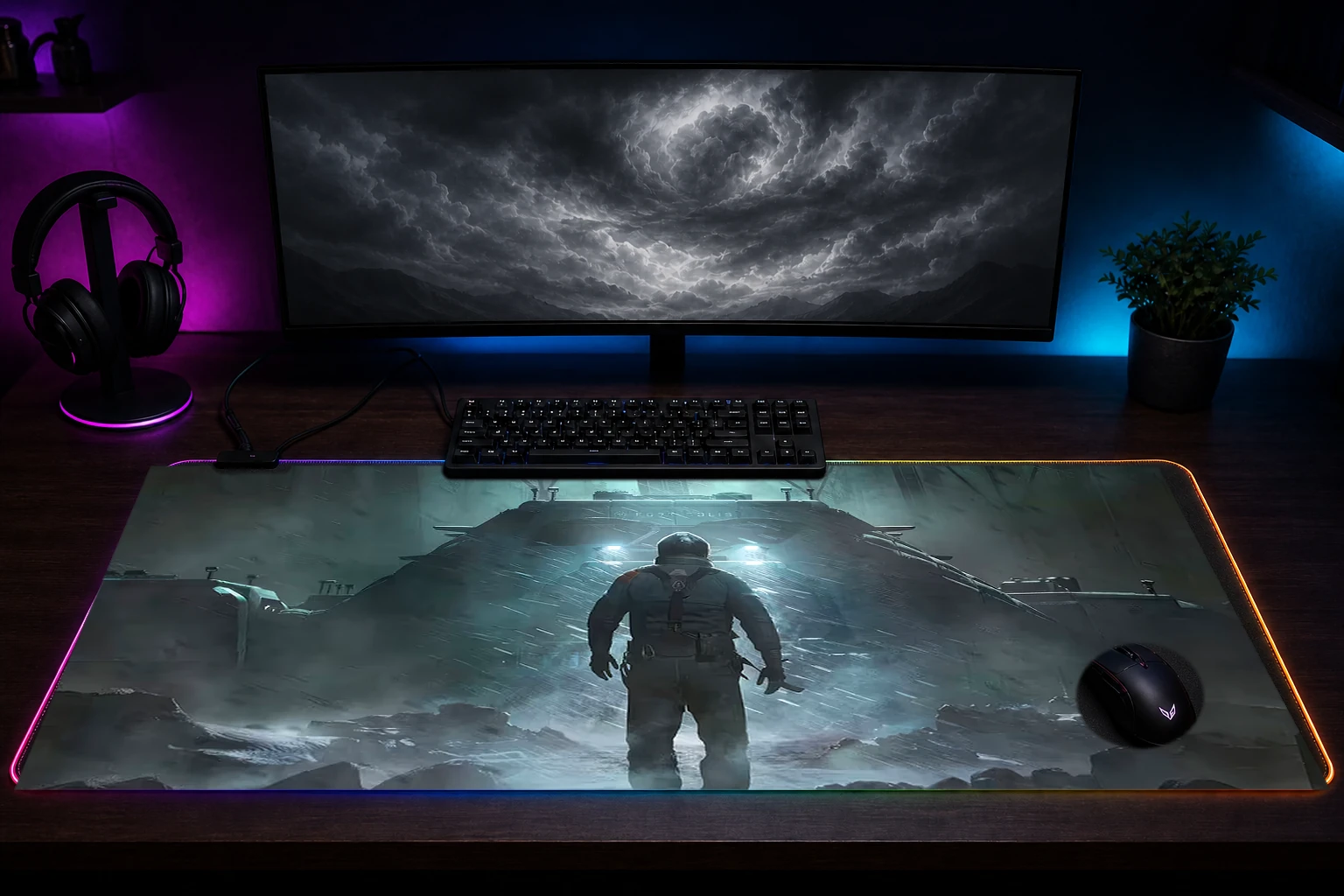 Fort Solis Game RGB Desk Mat immersive setup scene