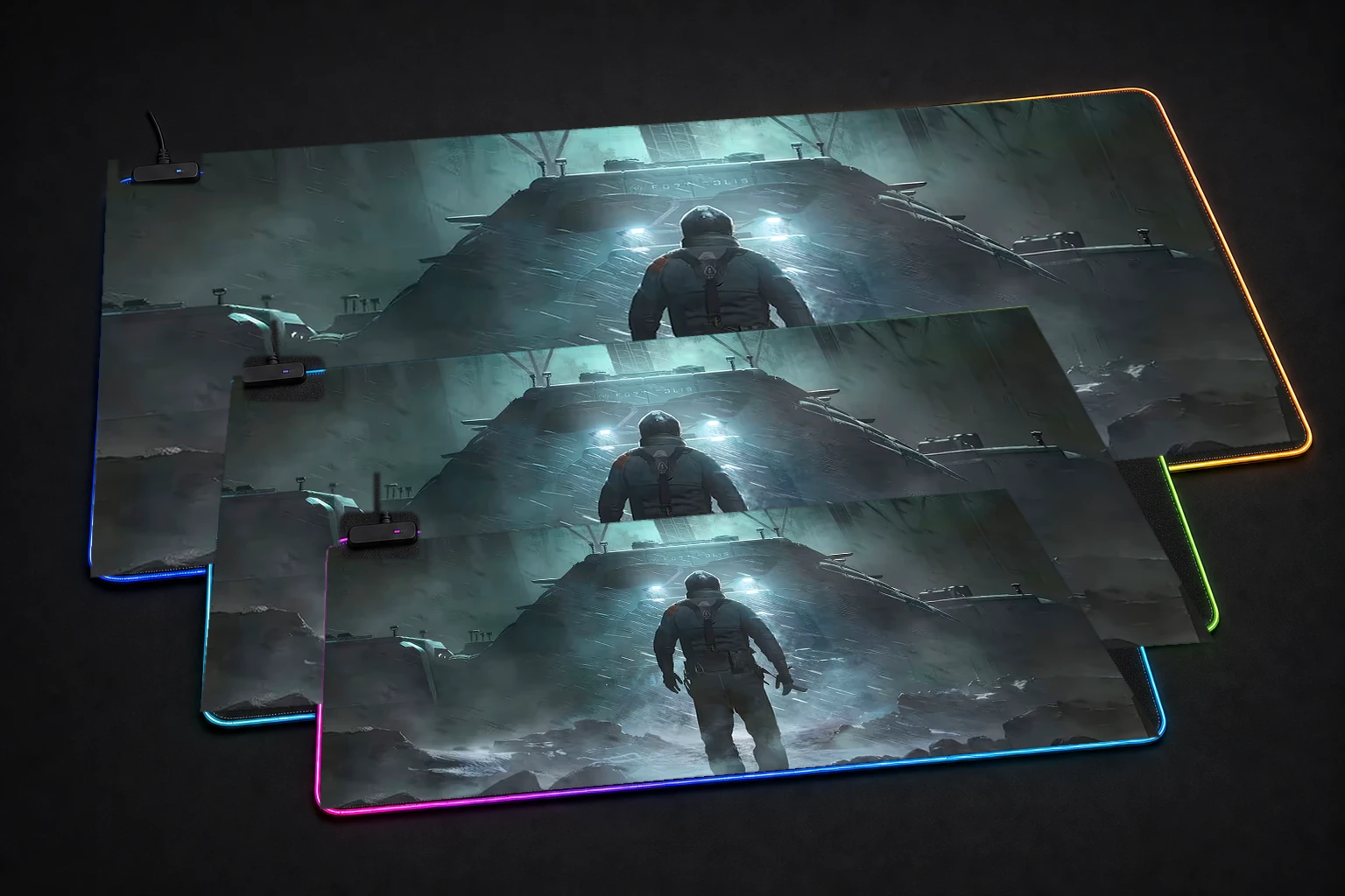 Fort Solis Game RGB Desk Mat three-size comparison