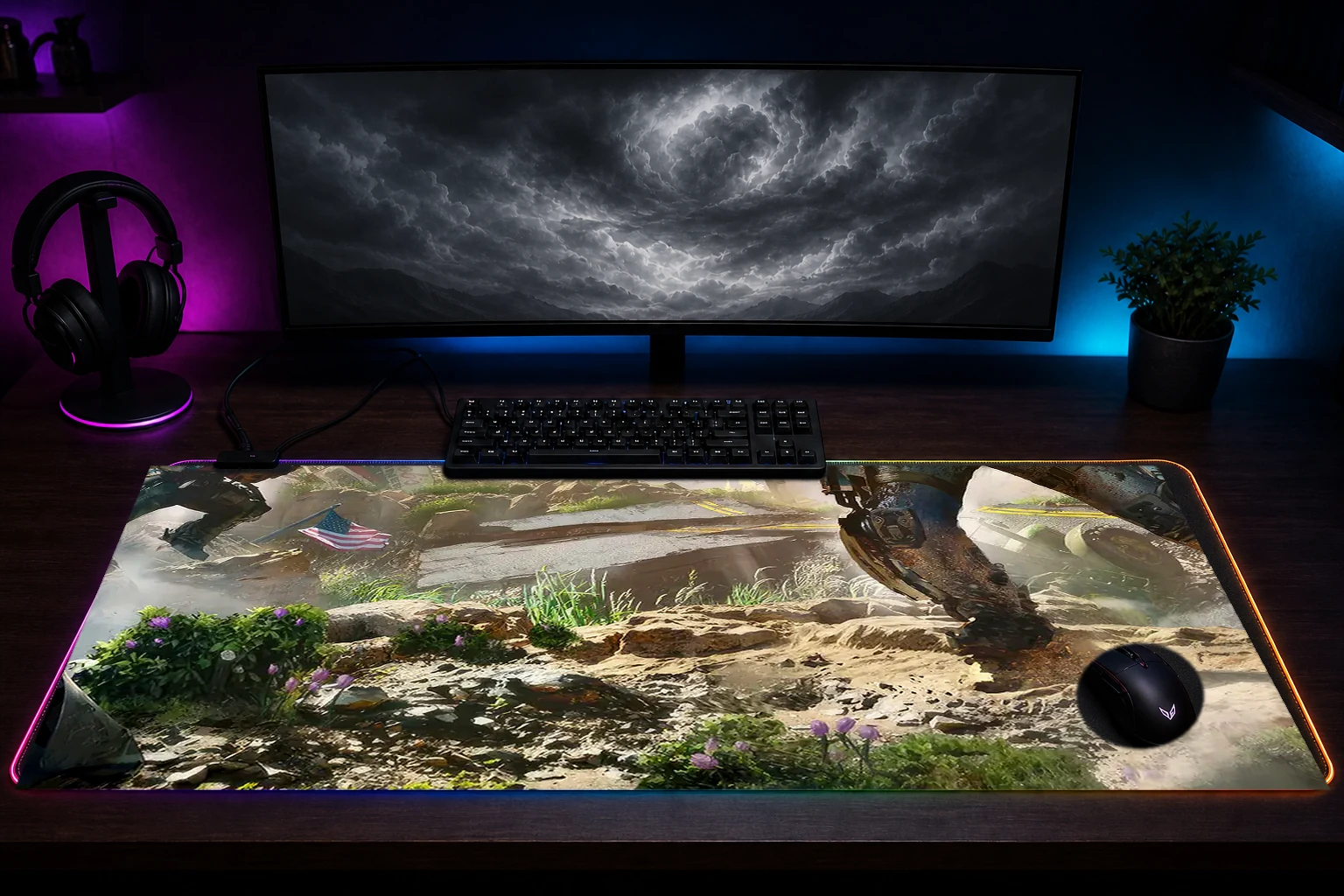 Exoborne Game RGB Desk Mat immersive setup scene