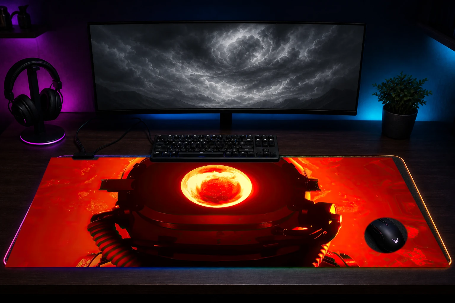 red matter RGB Desk Mat immersive setup scene