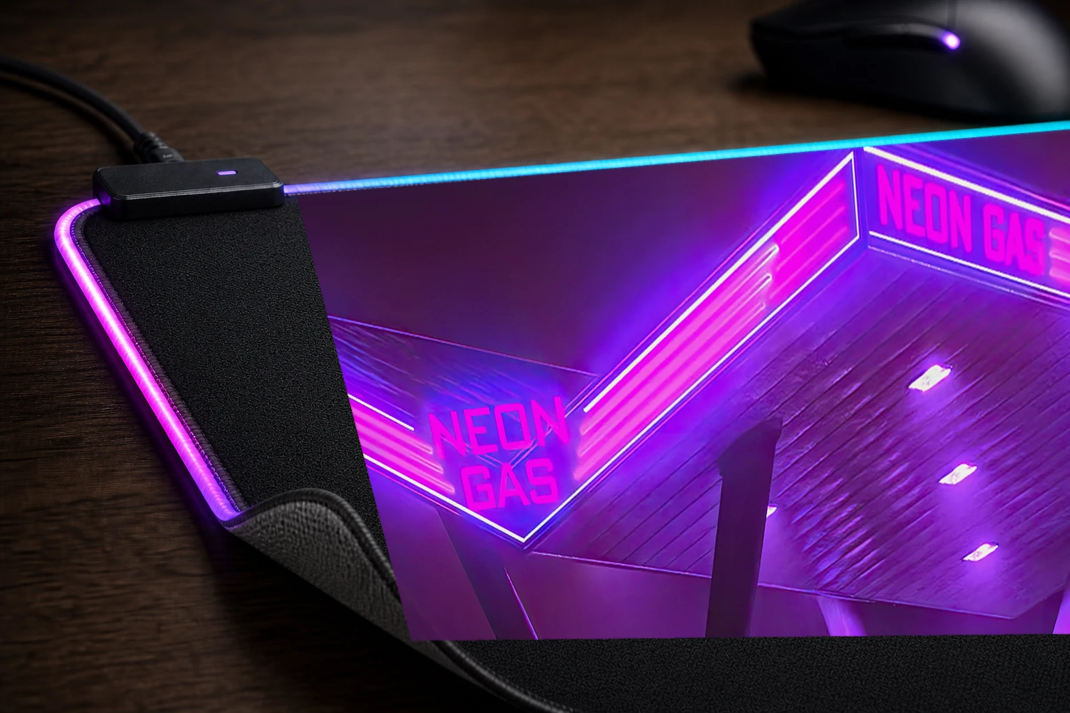 Neon Gas Station Dodge RGB Desk Mat controller and material detail