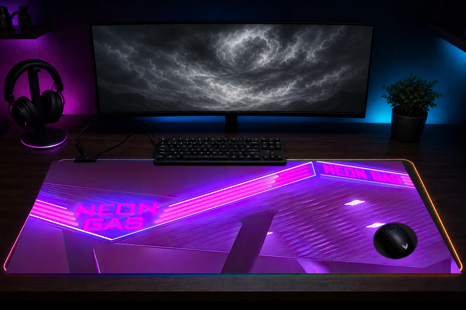 Neon Gas Station Dodge RGB Desk Mat immersive setup scene
