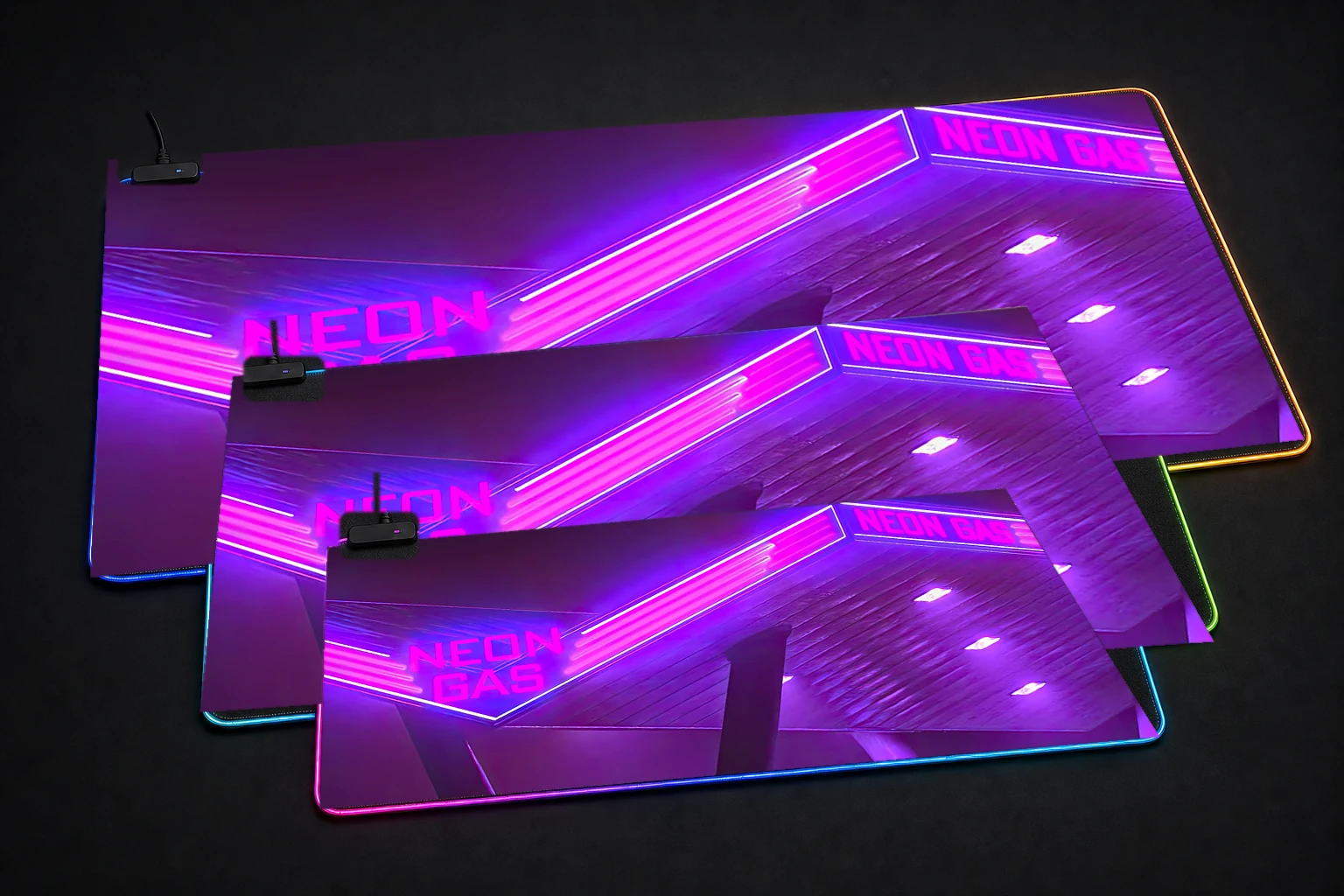 Neon Gas Station Dodge RGB Desk Mat three-size comparison
