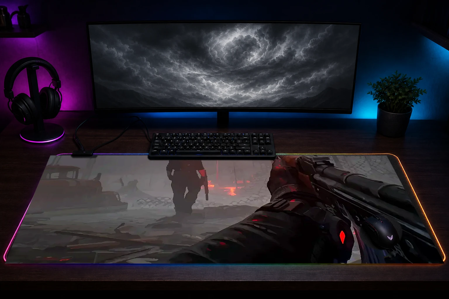Phantom Line RGB Desk Mat immersive setup scene