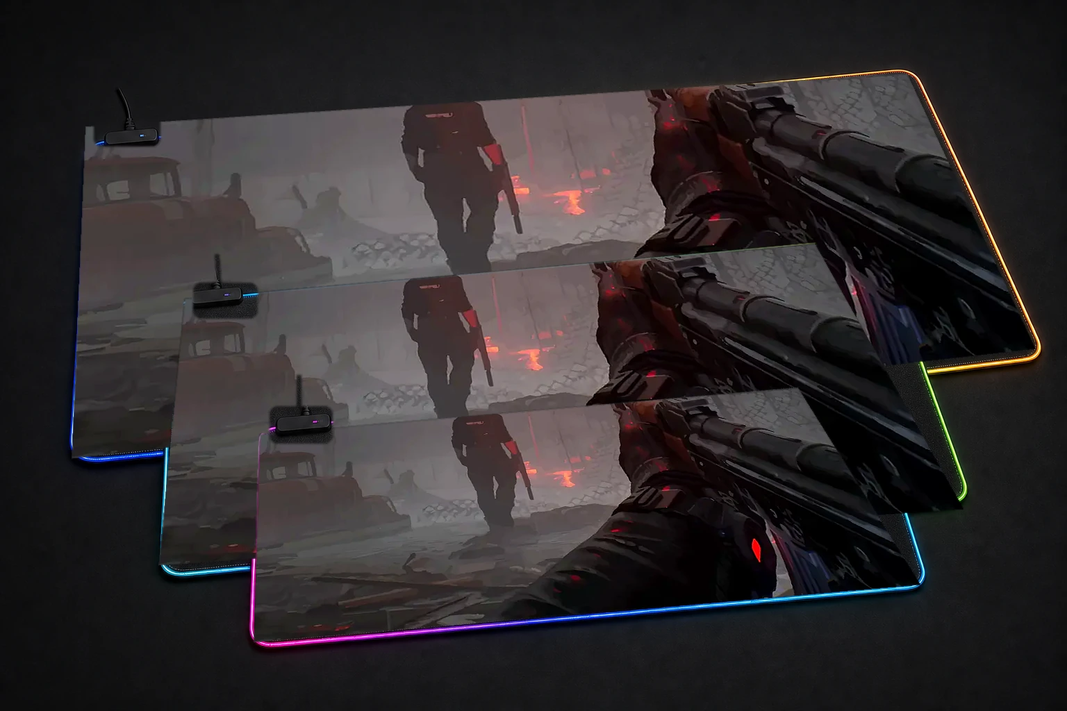 Phantom Line RGB Desk Mat three-size comparison