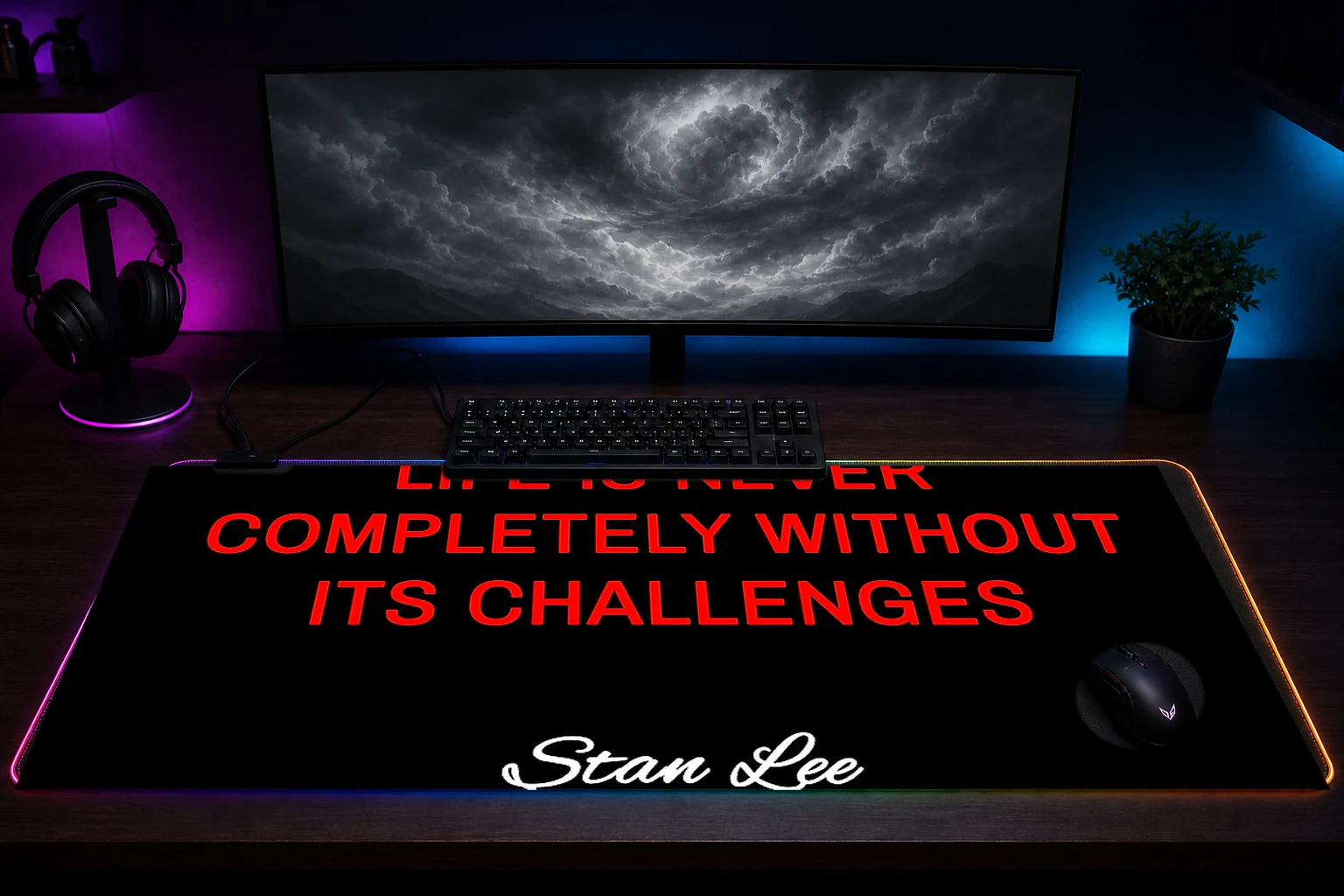 stan lee quotes RGB Desk Mat immersive setup scene