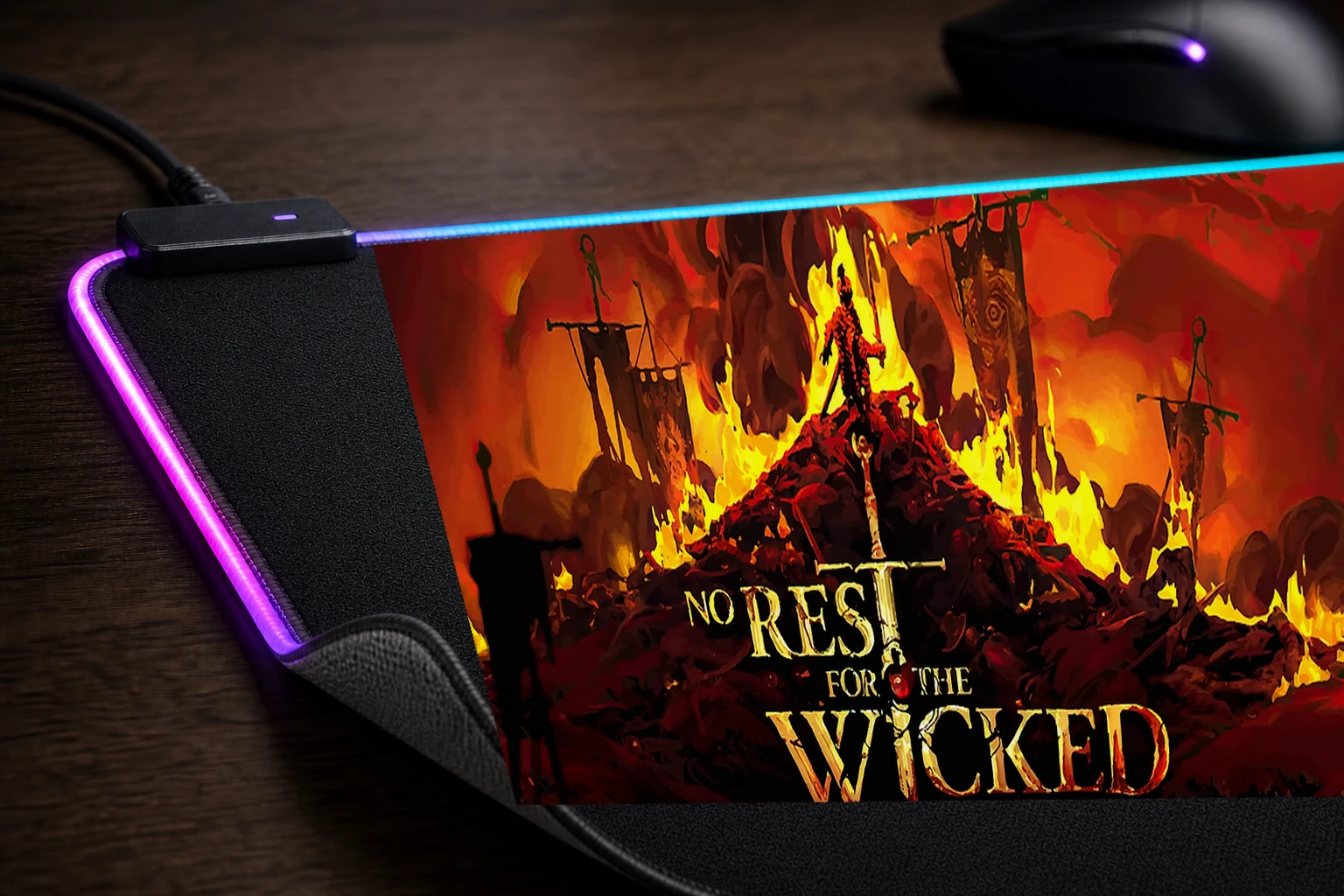 No Rest for the Wicked RGB Desk Mat controller and material detail