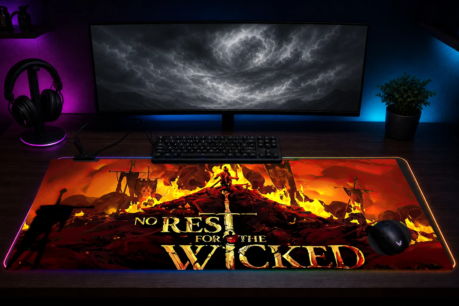 No Rest for the Wicked RGB Desk Mat immersive setup scene