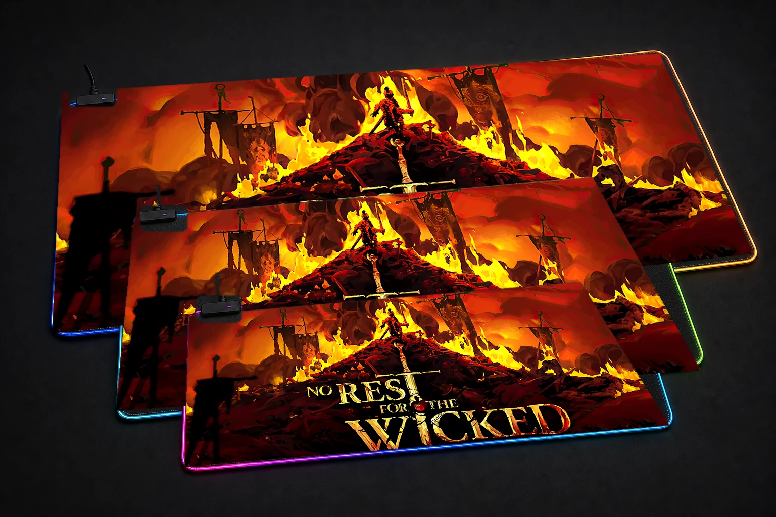 No Rest for the Wicked RGB Desk Mat three-size comparison