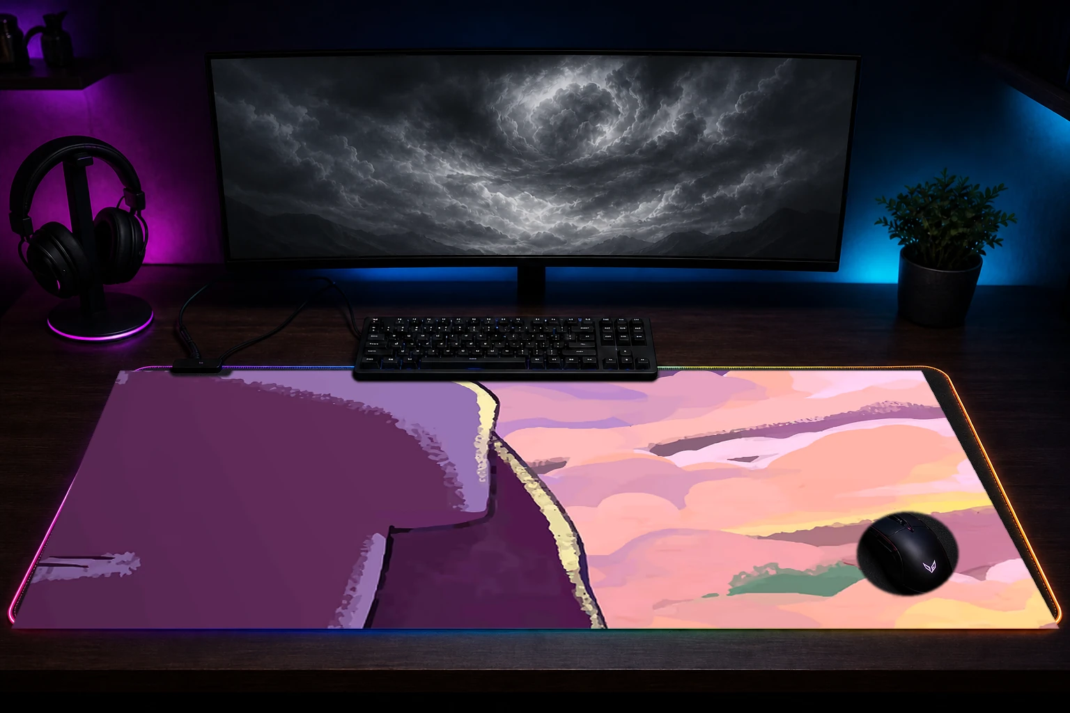 Celeste RGB Desk Mat immersive setup scene