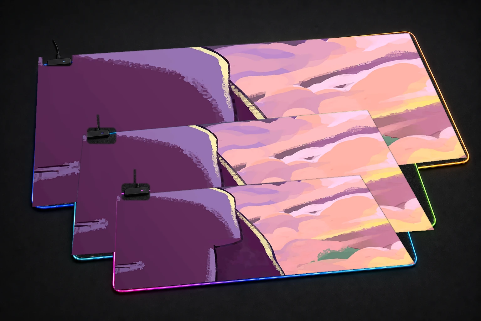 Celeste RGB Desk Mat three-size comparison