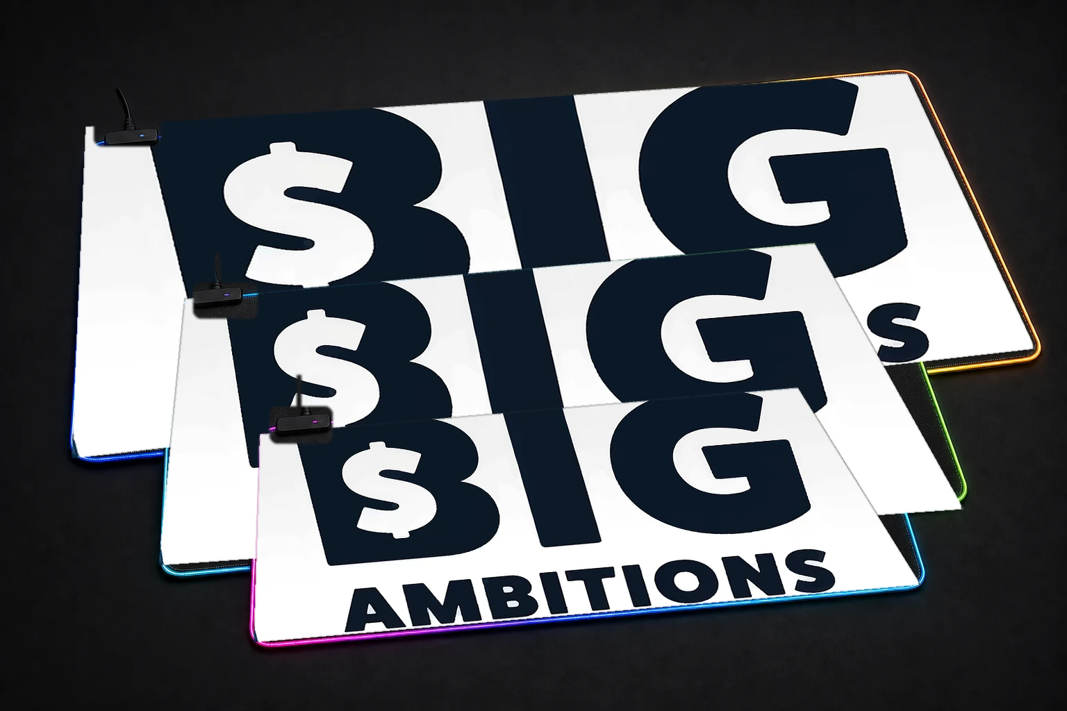 Big Ambitions Game RGB Desk Mat three-size comparison