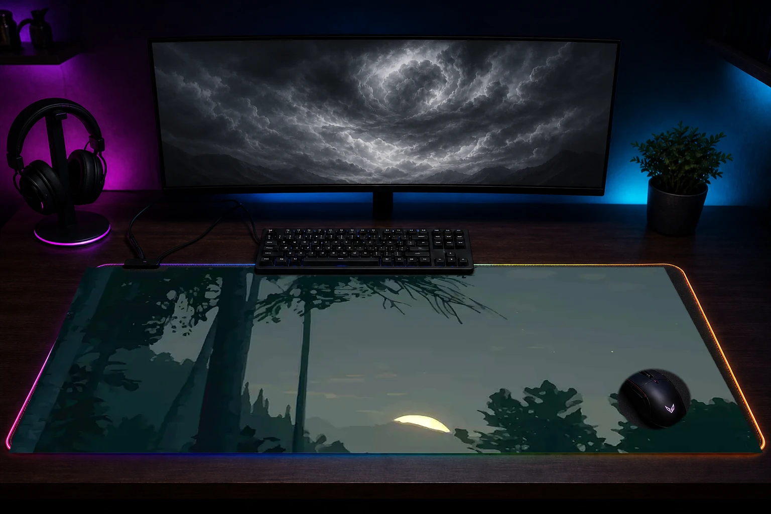 the hunter game RGB Desk Mat immersive setup scene