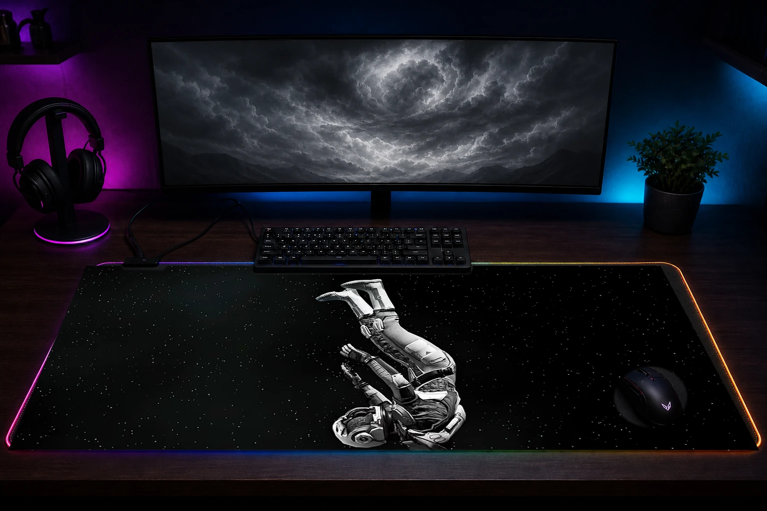 Moons of Madness Game RGB Desk Mat immersive setup scene
