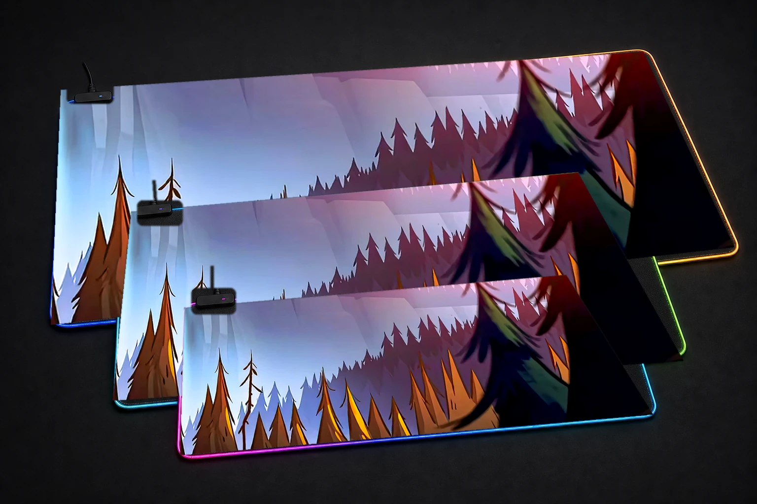Waterfall Gravity Falls RGB Desk Mat three-size comparison