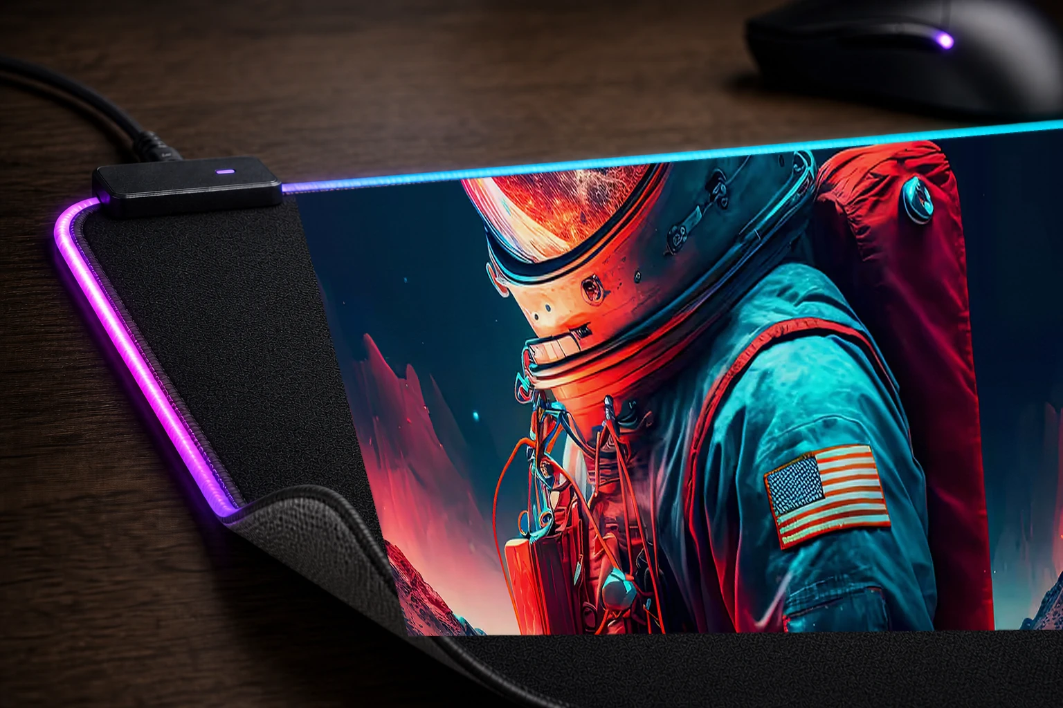 Beyond the Stars Astronaut RGB Desk Mat controller and material detail
