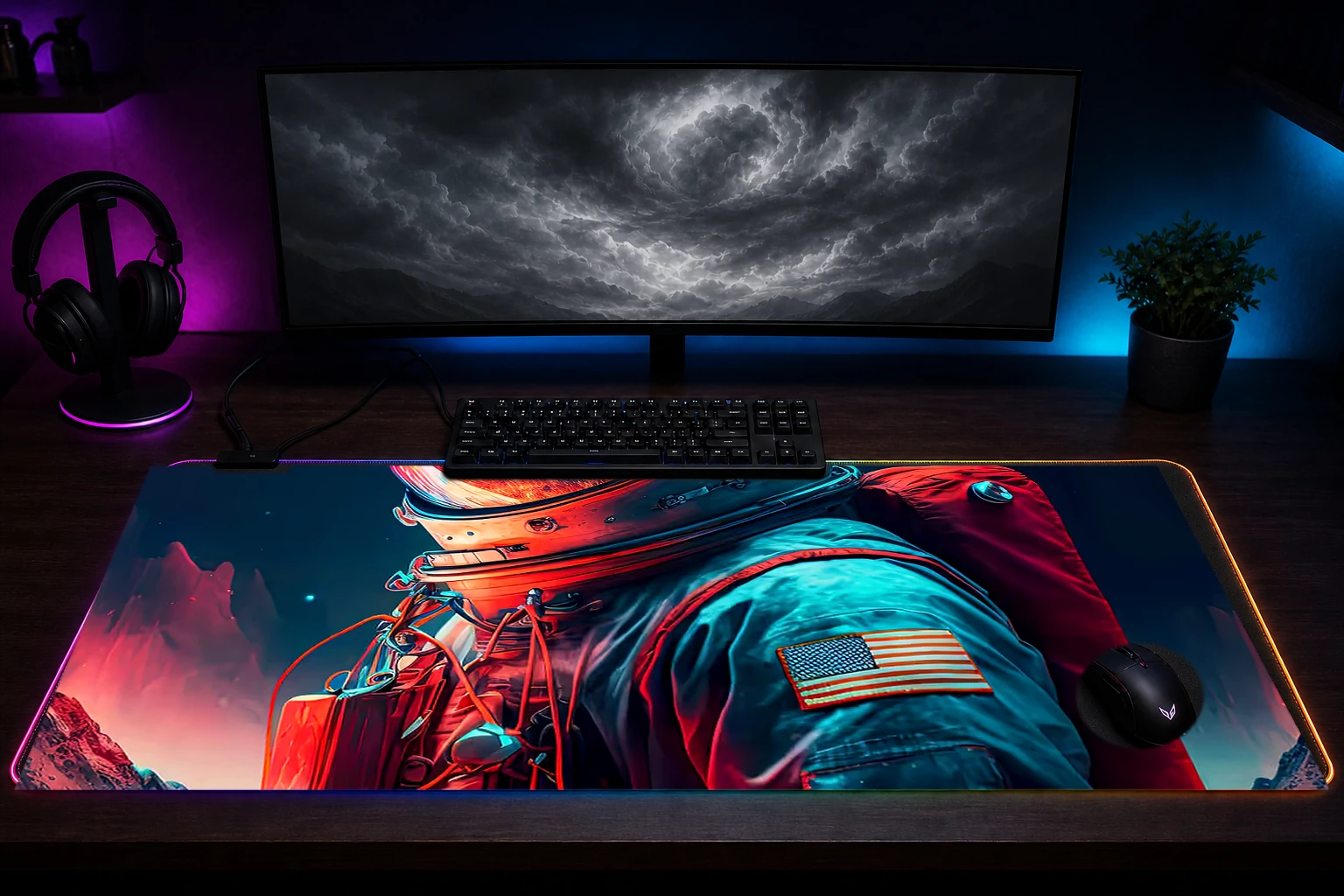 Beyond the Stars Astronaut RGB Desk Mat immersive setup scene