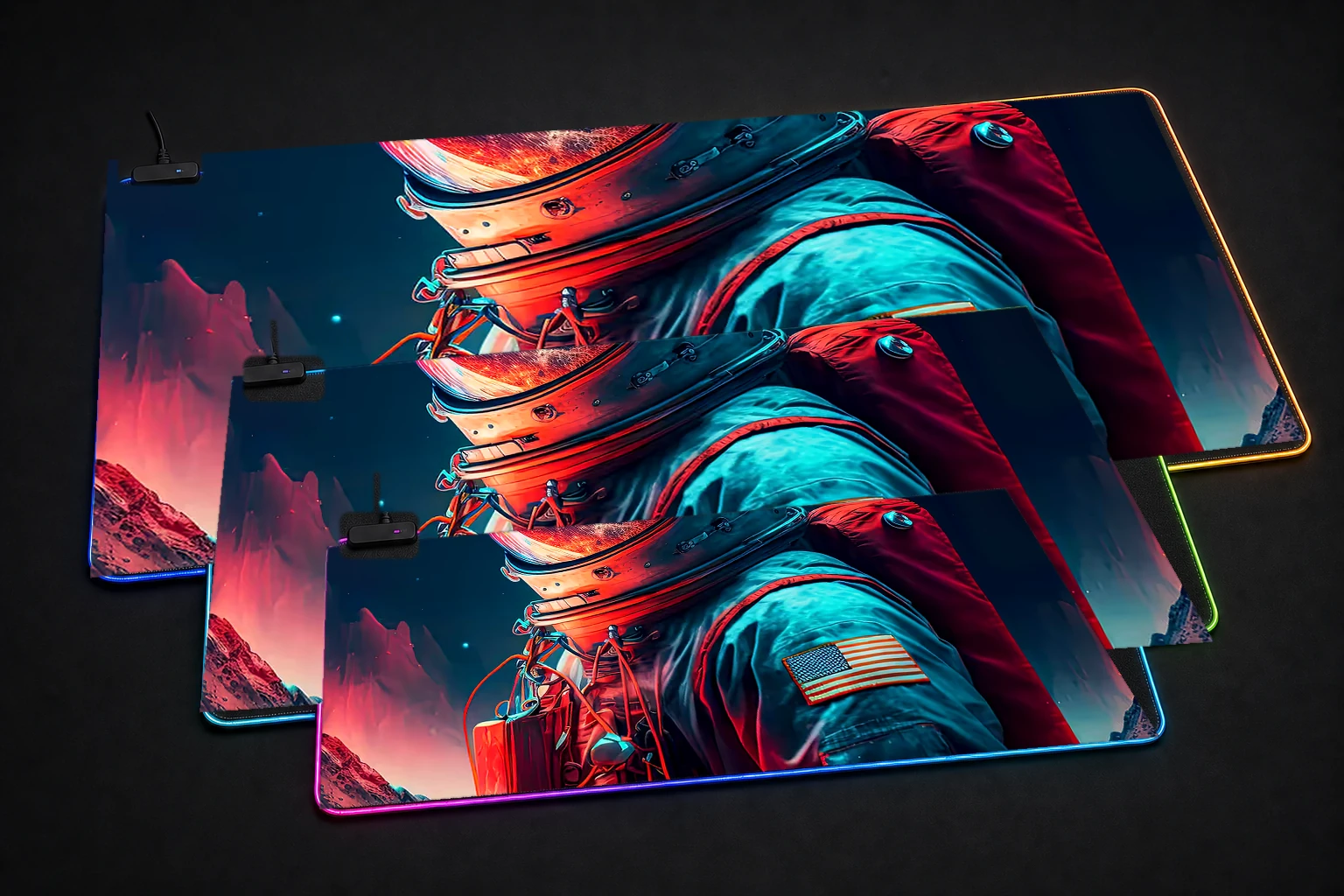 Beyond the Stars Astronaut RGB Desk Mat three-size comparison