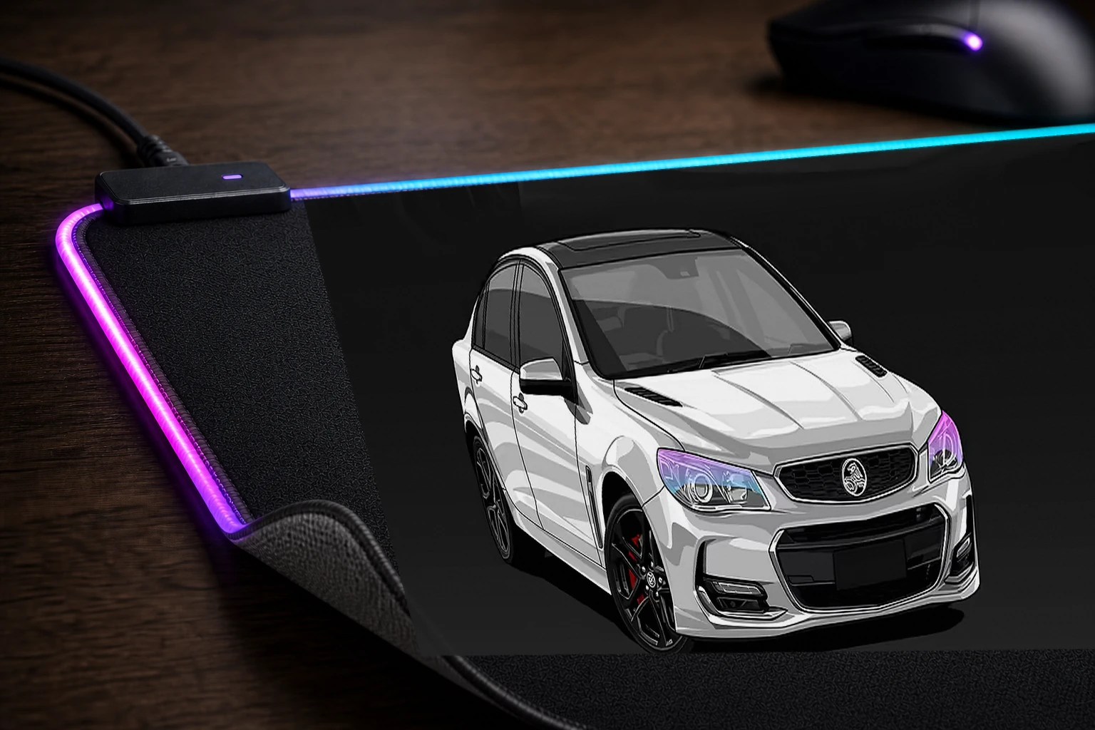white Holden VFII Commodore Illustration RGB Desk Mat controller and material detail