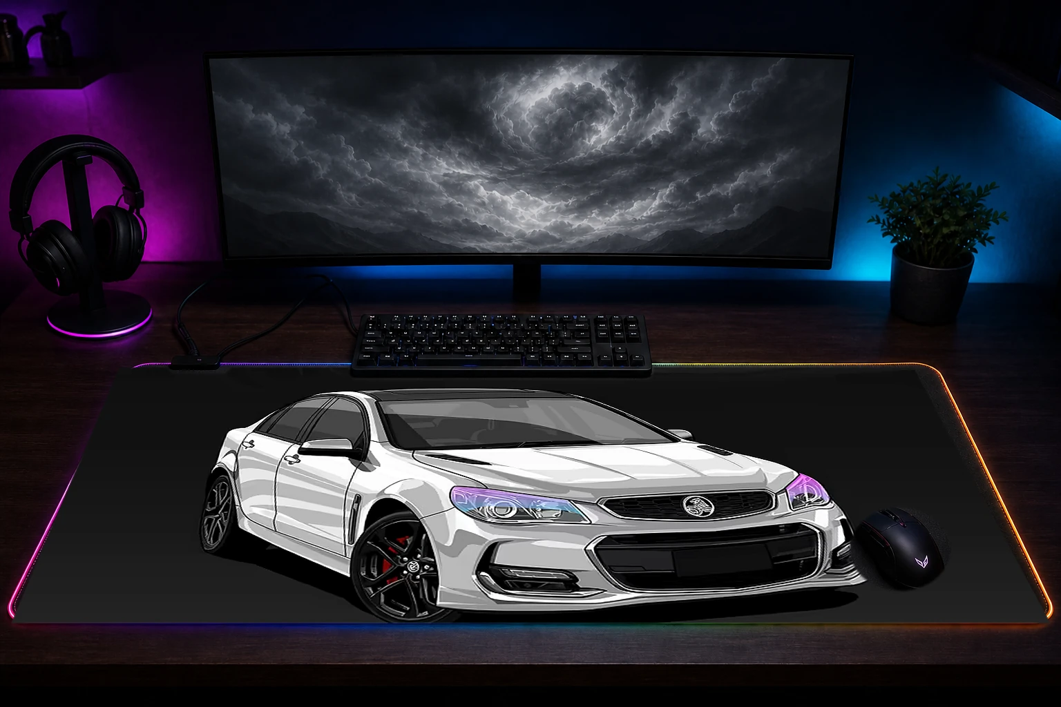 white Holden VFII Commodore Illustration RGB Desk Mat immersive setup scene