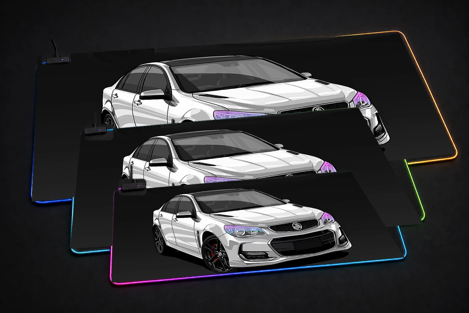 white Holden VFII Commodore Illustration RGB Desk Mat three-size comparison