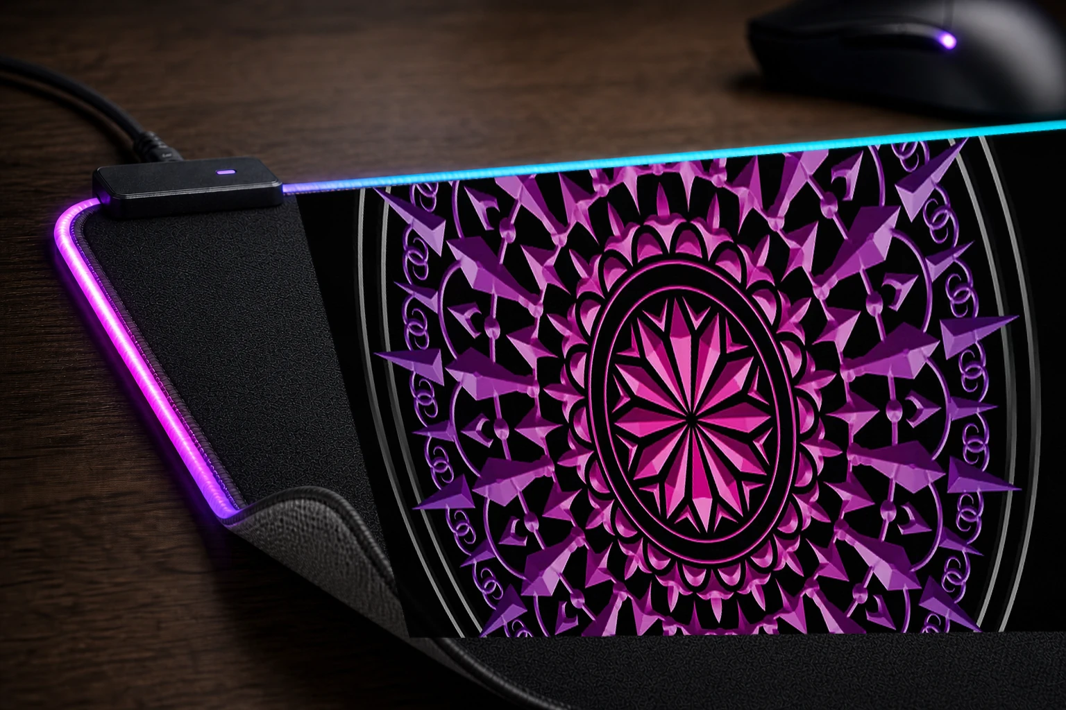purple mandala RGB Desk Mat controller and material detail