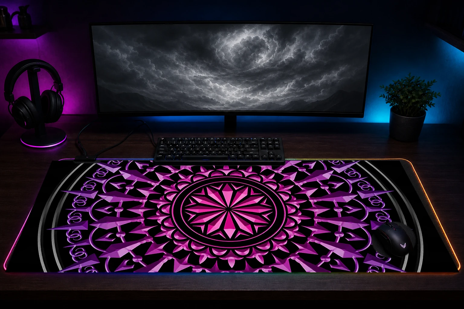 purple mandala RGB Desk Mat immersive setup scene