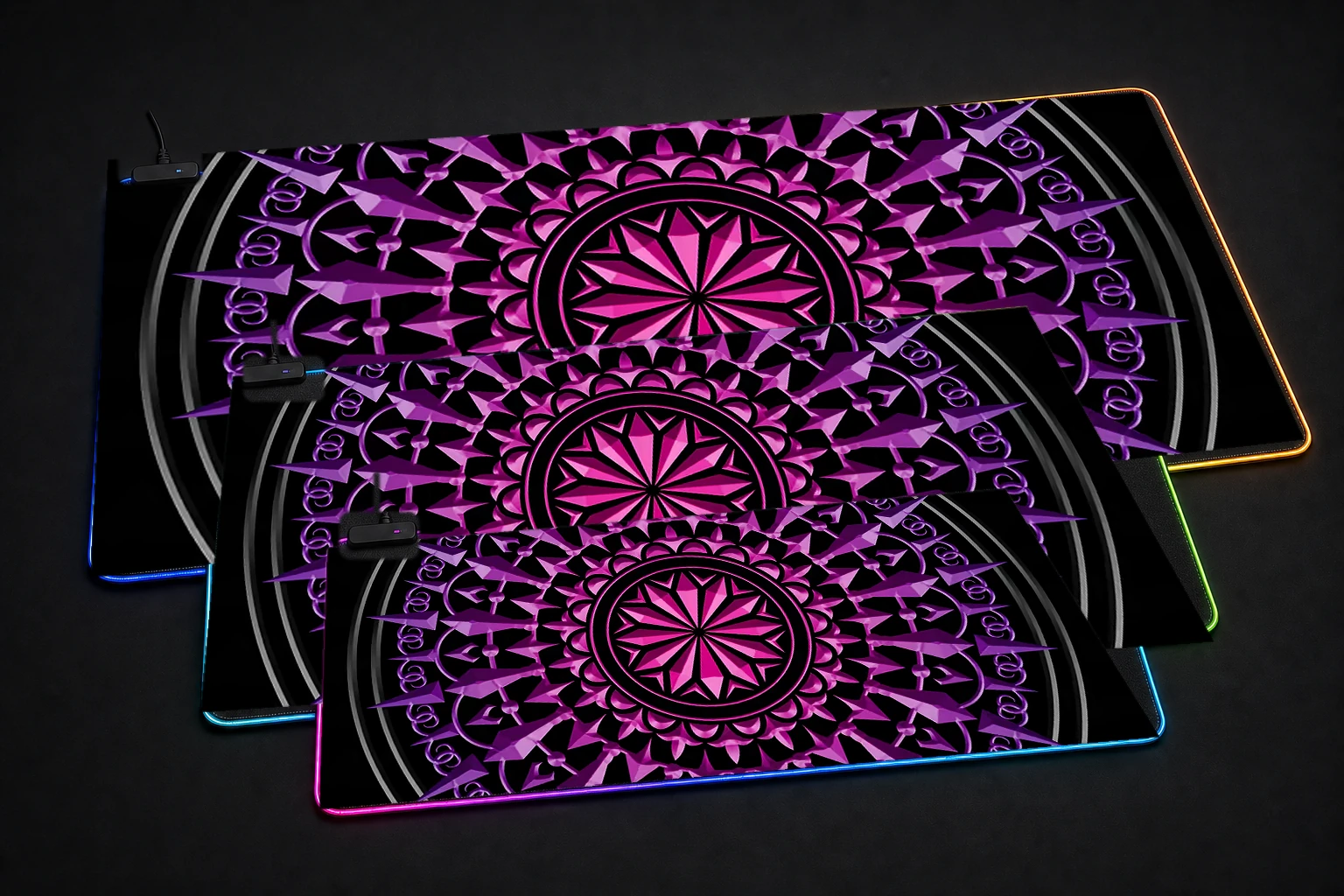 purple mandala RGB Desk Mat three-size comparison