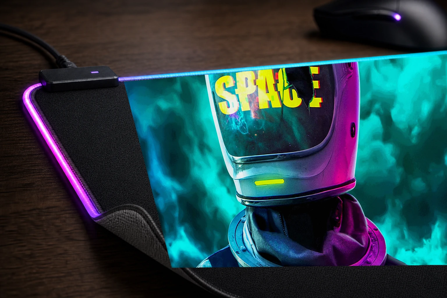 Aesthetic Astronout Space RGB Desk Mat controller and material detail