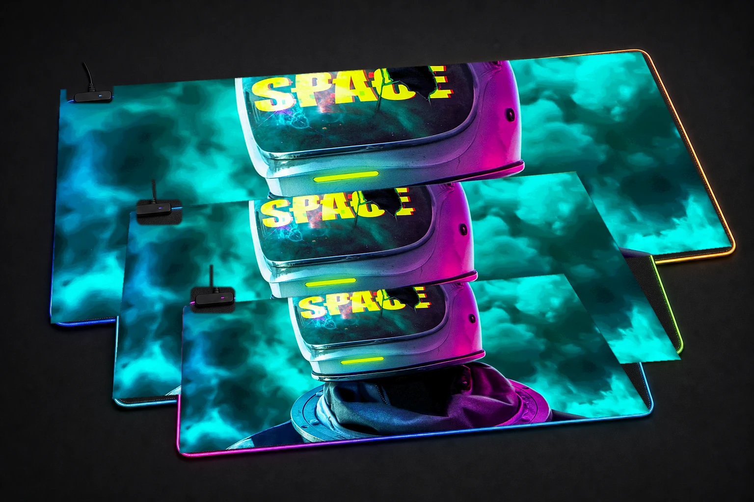 Aesthetic Astronout Space RGB Desk Mat three-size comparison