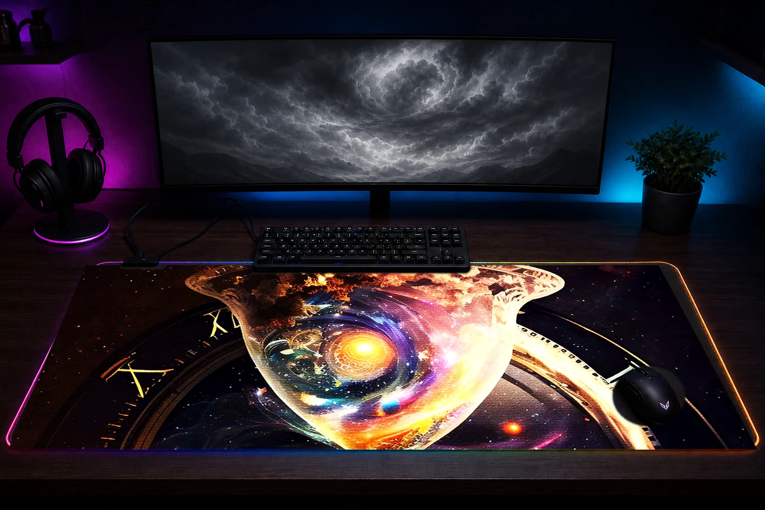 Universe of Time RGB Desk Mat immersive setup scene