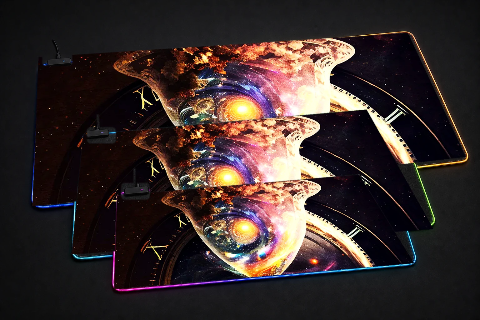 Universe of Time RGB Desk Mat three-size comparison