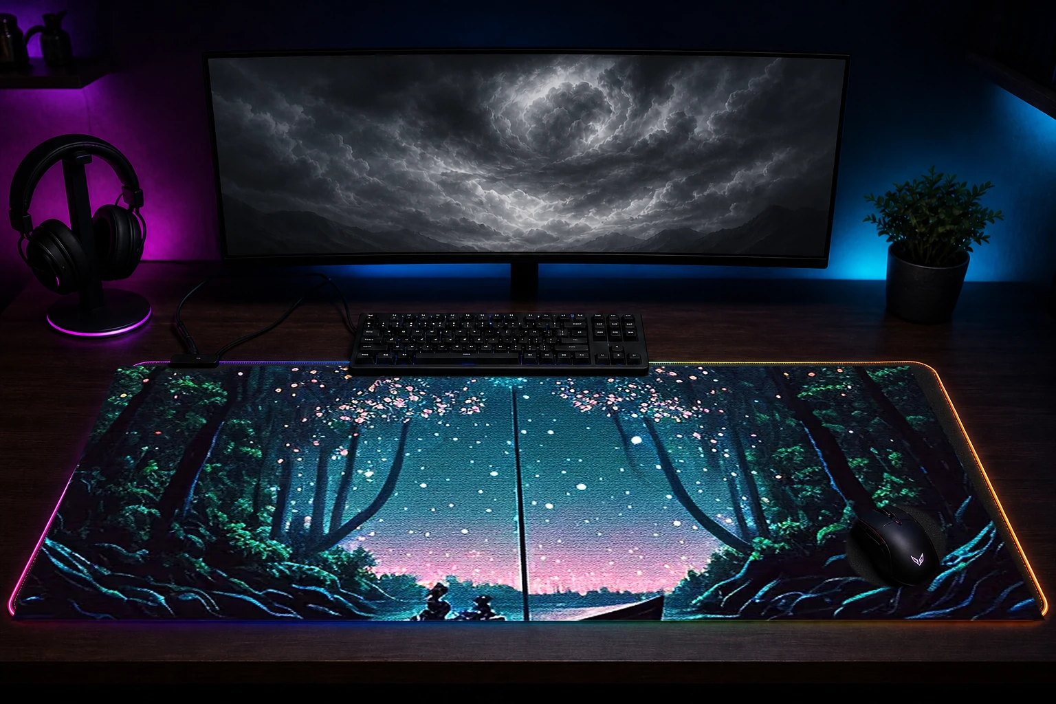 Natures Dreams at Night RGB Desk Mat immersive setup scene