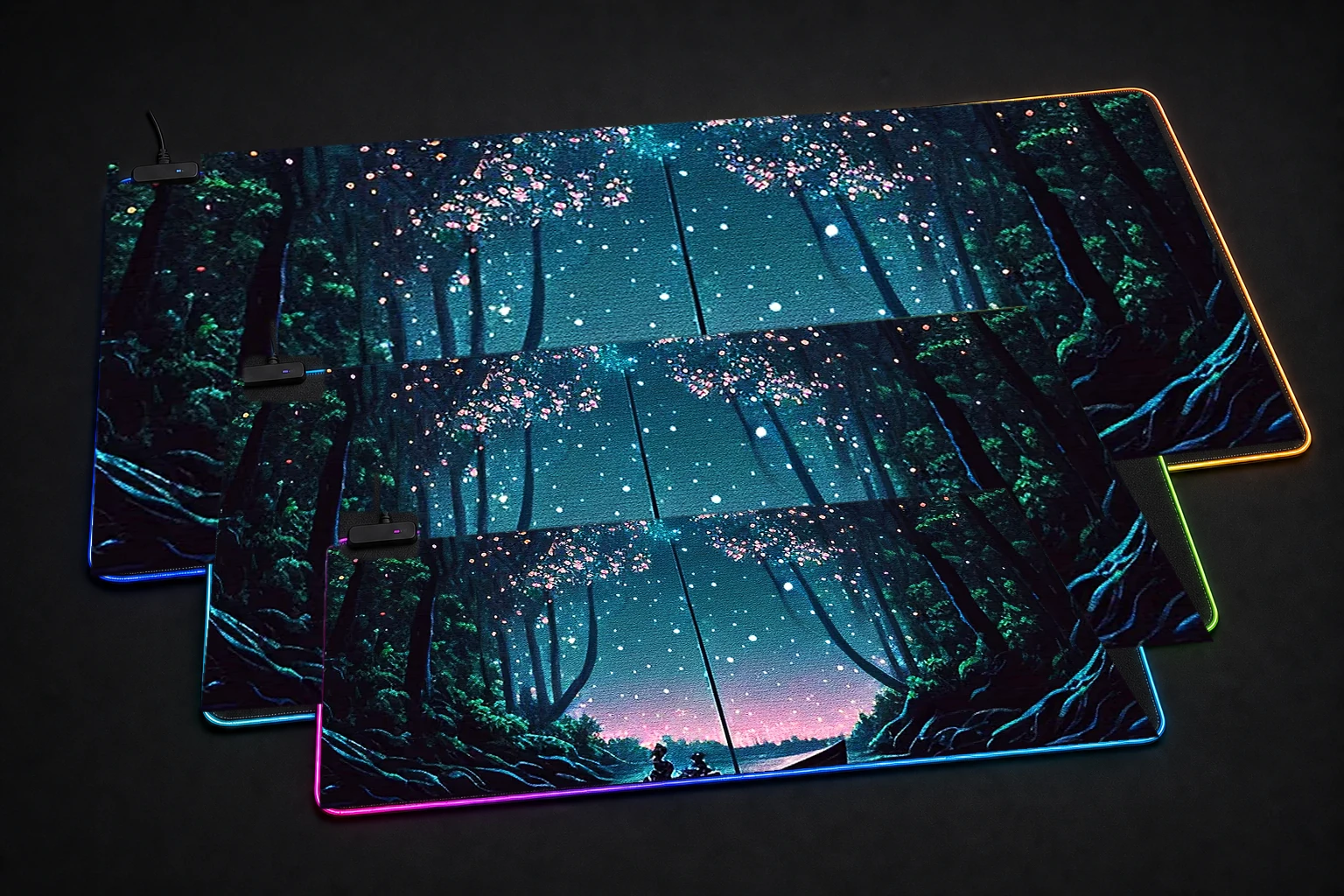 Natures Dreams at Night RGB Desk Mat three-size comparison