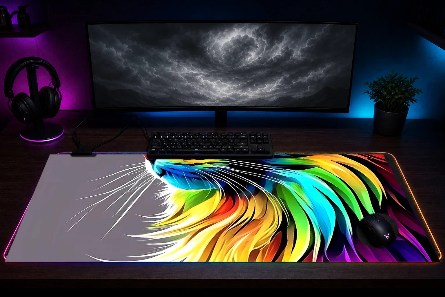 Cat RGB Desk Mat immersive setup scene