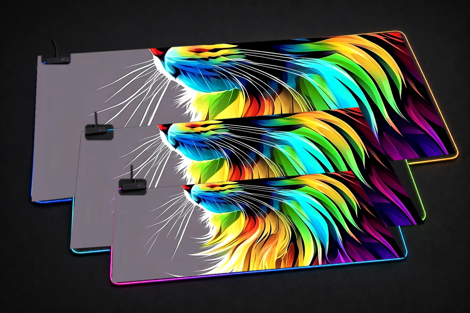 Cat RGB Desk Mat three-size comparison