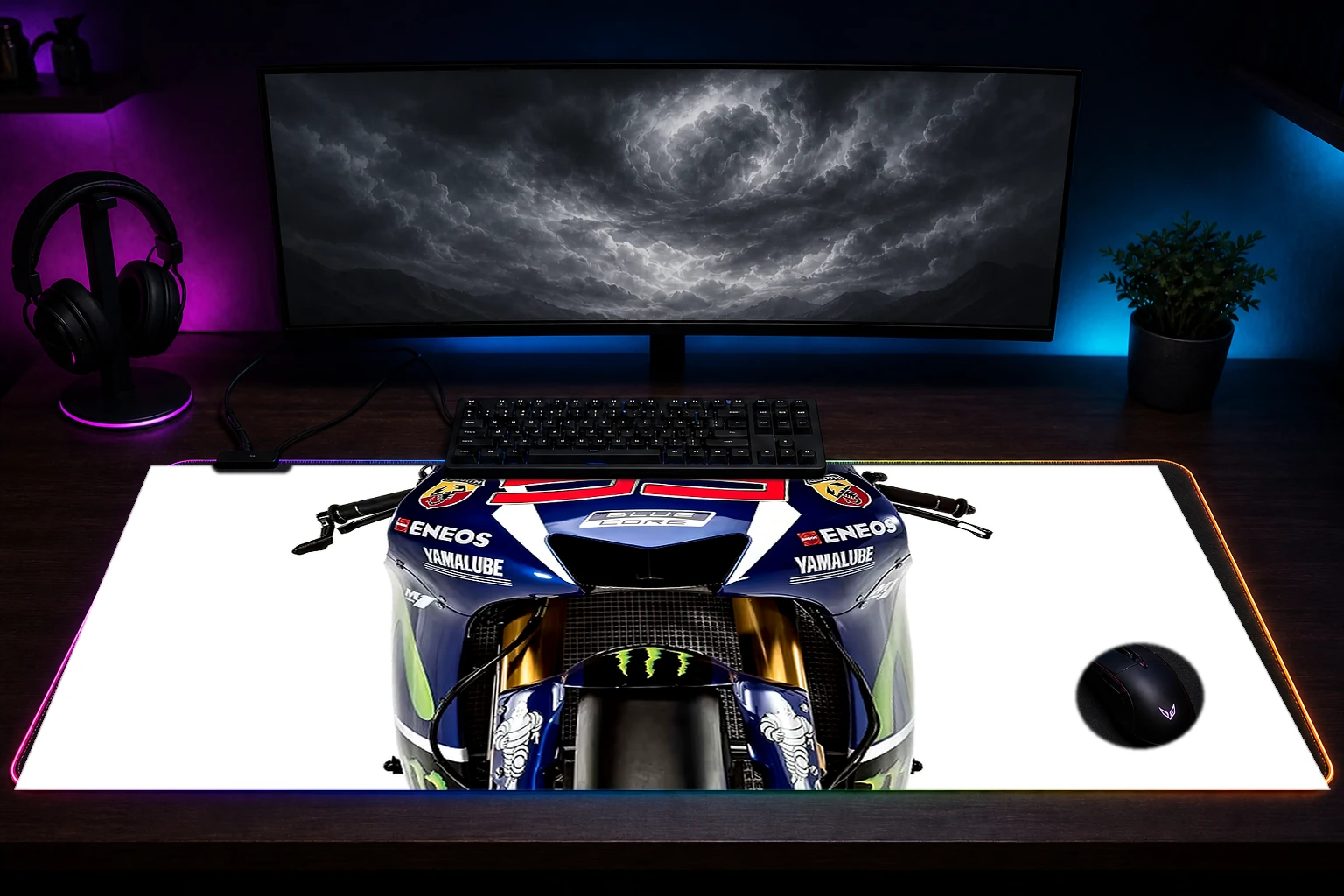 Yamaha yzr M1 RGB Desk Mat immersive setup scene