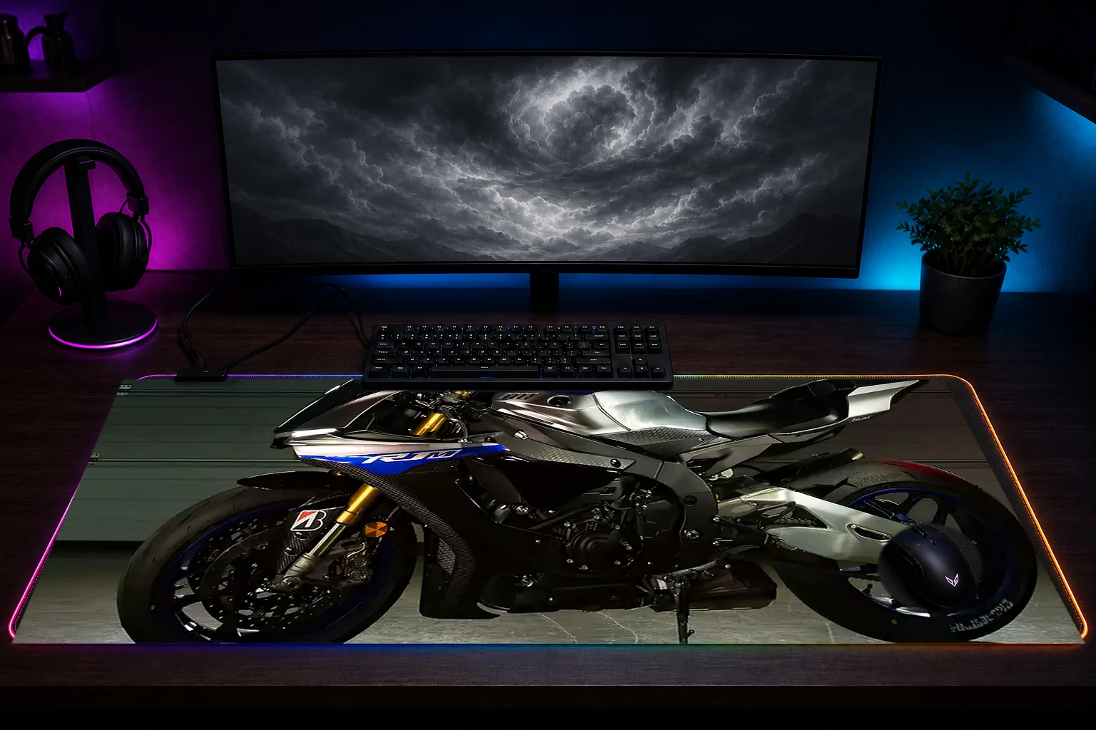 Yamaha R1 RGB Desk Mat immersive setup scene