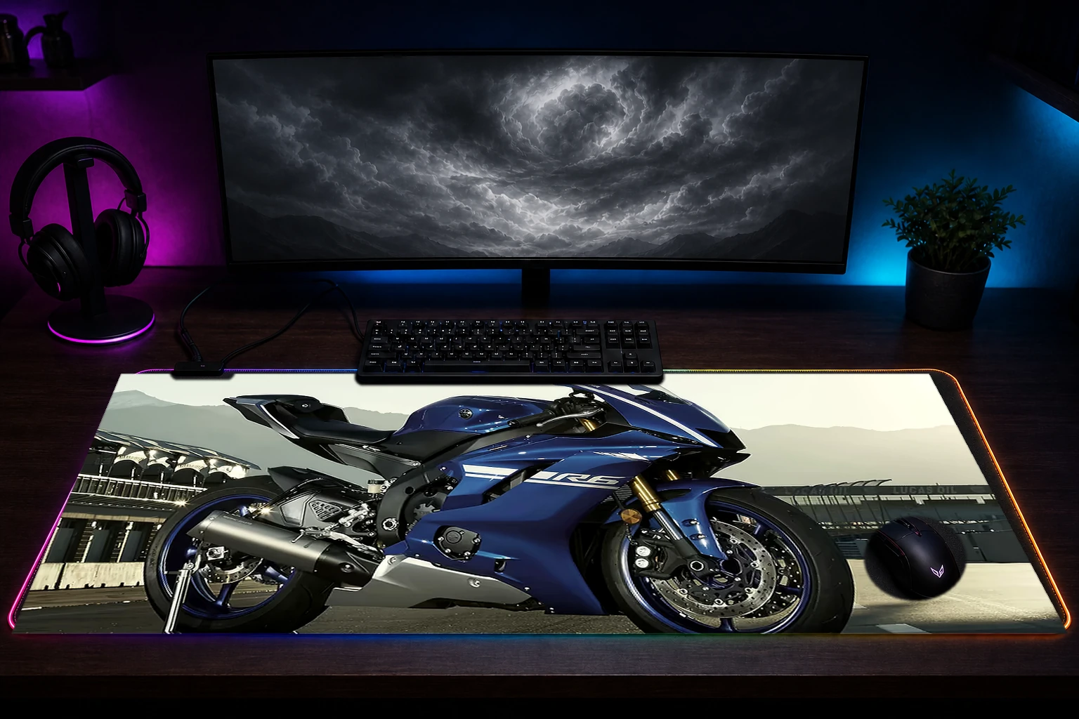 Yamaha R6 RGB Desk Mat immersive setup scene