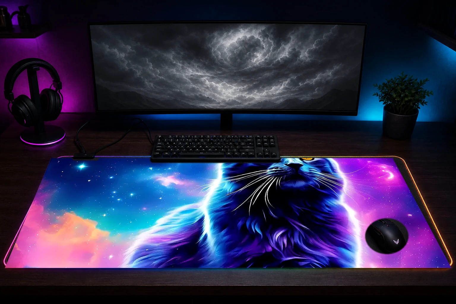 cat RGB Desk Mat immersive setup scene