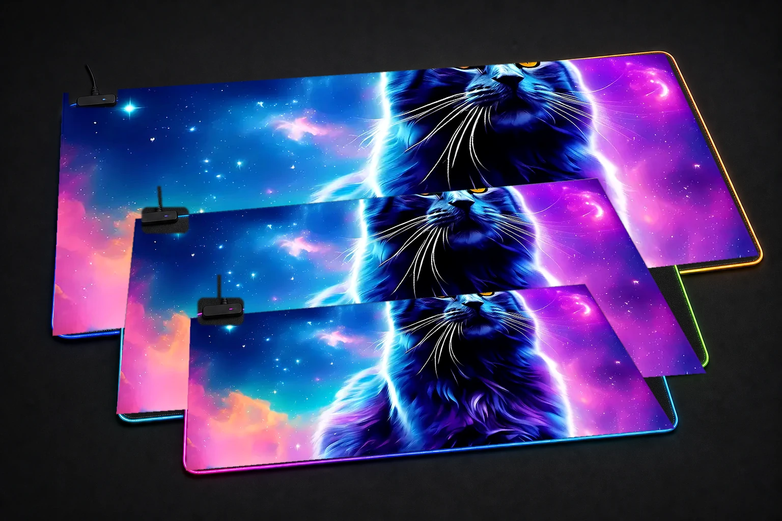 cat RGB Desk Mat three-size comparison