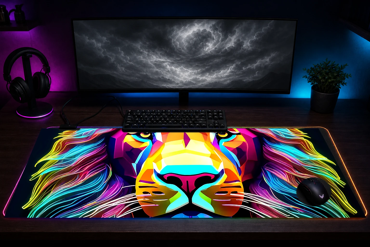 lion RGB Desk Mat immersive setup scene