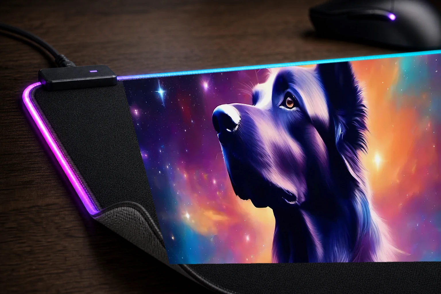 Space Dog RGB Desk Mat controller and material detail