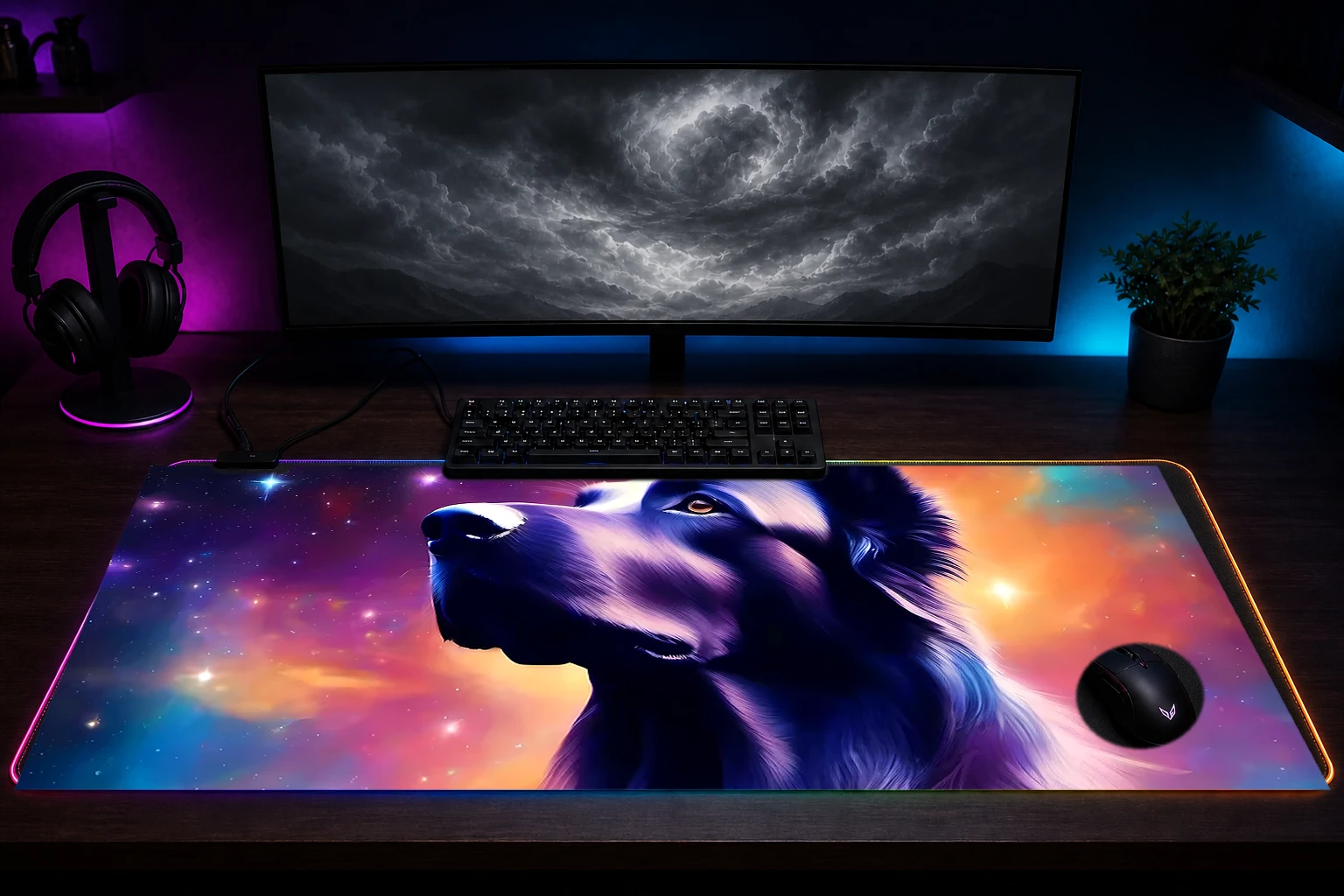 Space Dog RGB Desk Mat immersive setup scene