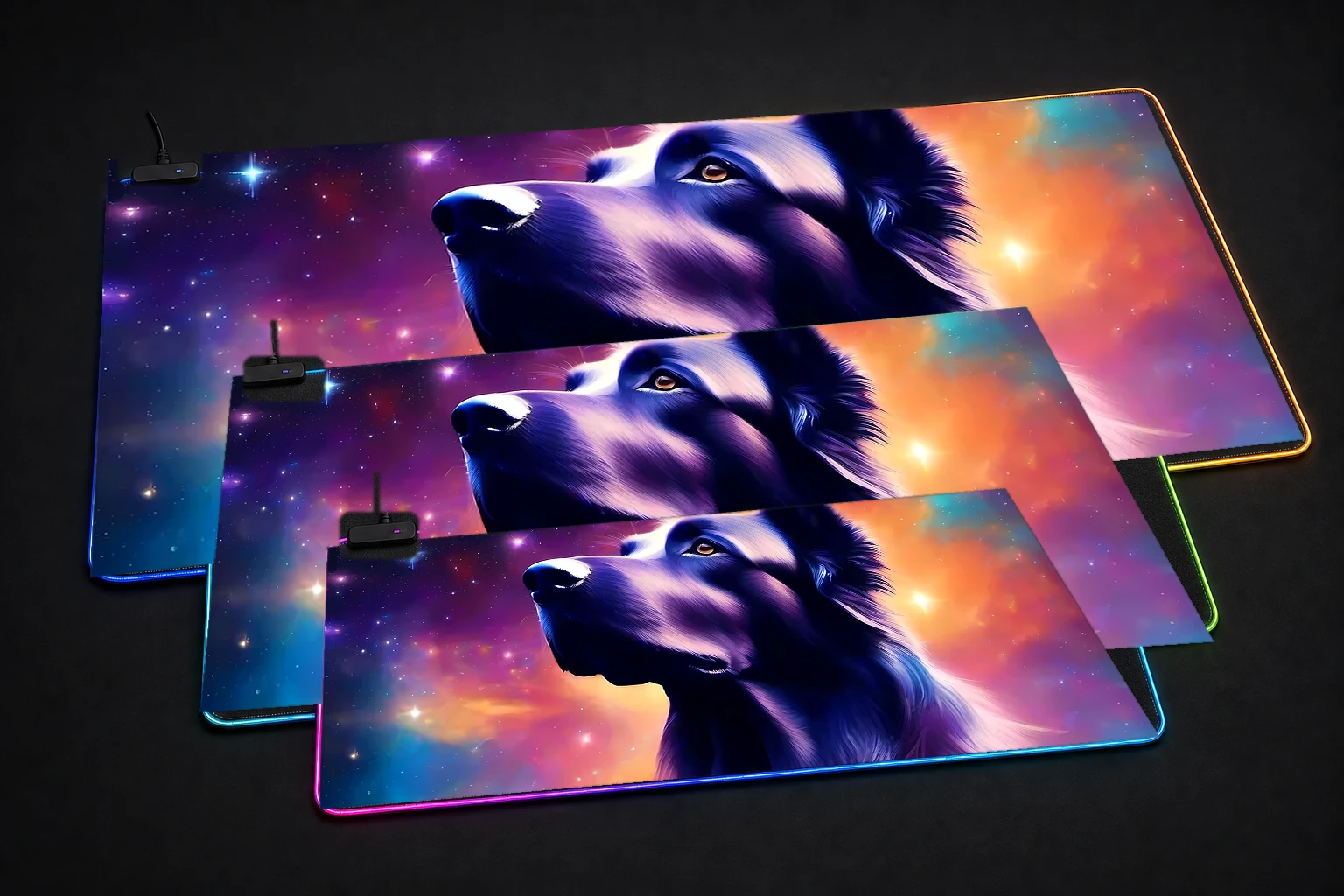 Space Dog RGB Desk Mat three-size comparison